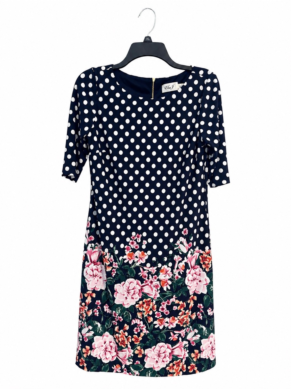 ladies size 6 dresses Eliza J | | Eliza J Navy Polka Dot Floral Border Dress Womens Shift Gold Zip length_Tea Length